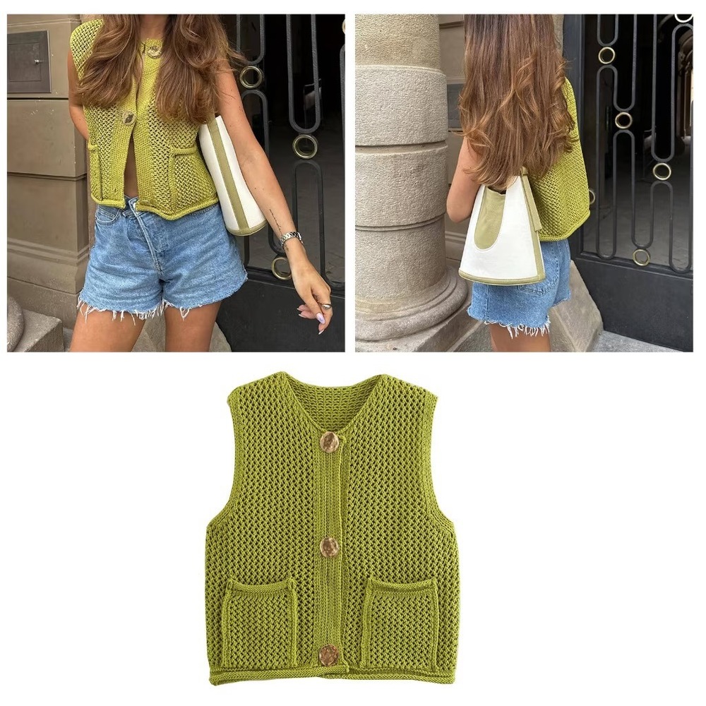 Zara Open Knit Waistcoat Lime Green Gold Button Crochet Vest Medium 5802/112/511
